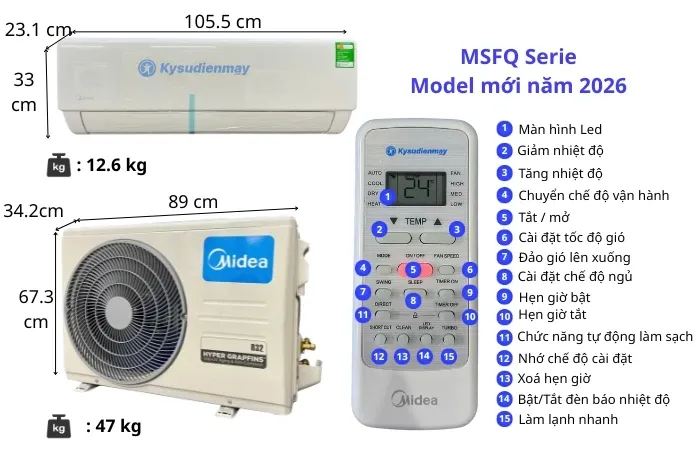 Thông số kỹ thuật điều hoà Midea 24000BTU 1 chiều MSFQ-24CRN8